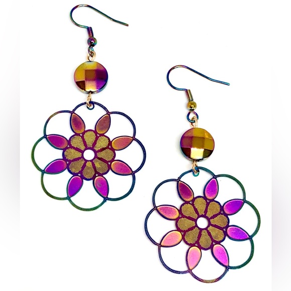 Hand Crafted Jewelry - Rainbow Purple Gold Green Blue Stainless Steel Flower Mandala and Glass Earrings